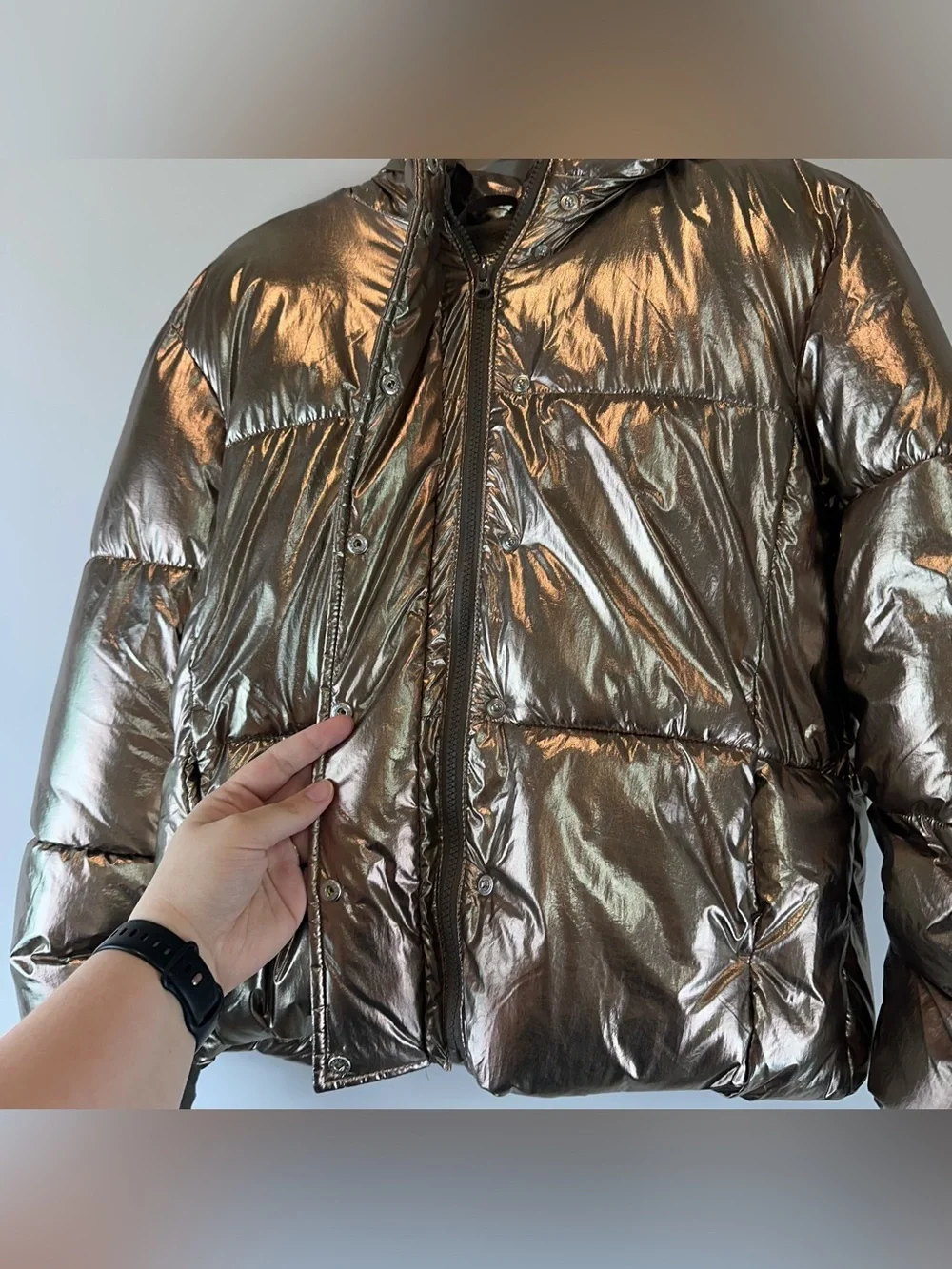 Gap Kid’s Gold Bronze Metallic Nylon Shine Puffer Hooded Winter Jacket Size XL